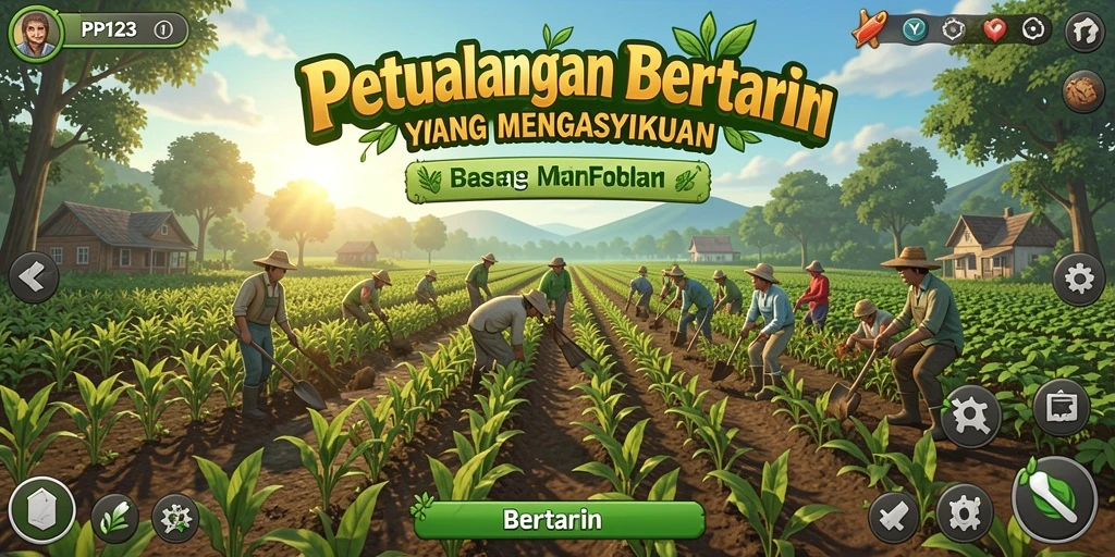Antarmuka PP123 menampilkan ladang subur dan karakter yang sedang bertani.