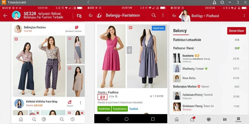 Tampilan antarmuka aplikasi SE328 dengan opsi belanja Fashion yang lengkap.
